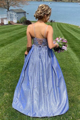 A-line Spaghetti Straps Empire-Waist Appliques Pleated Long Prom Dress