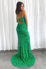 Glitters Mermaid Full Sequins Sleeveless V-Neck Long Formal Dress with Slit