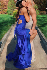 Spaghetti Straps Mermaid Side Slit Rhinestones Long Formal Prom Dress