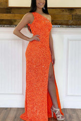 Glitter One Shoulder Hot Pink Sequins Mermaid Prom Dress with Slit