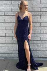 Navy Blue V-Neck Spaghetti Straps Sequins Mermaid Long Prom Dress with Slit