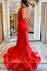 Red Deep V-Neck Straps Mermaid Appliques Backless Prom Dress