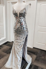 Mermaid Silver V-Neck Mirror-Cut Sequins Long Formal Dress with Slit