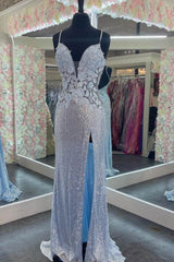 Blue Spaghetti Straps V-Neck Sequins Appliques Long Prom Dress with Slit