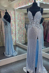 Blue Spaghetti Straps V-Neck Sequins Appliques Long Prom Dress with Slit