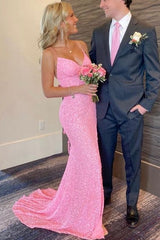 Spaghetti Straps V-Neck Sequined Mermaid Prom Formal Dress