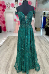 Off the Shoulder V-Neck Appliques A-Line Green Long Formal Dress