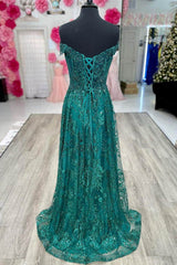 Off the Shoulder V-Neck Appliques A-Line Green Long Formal Dress