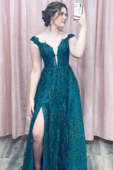 Off the Shoulder V-Neck Appliques A-Line Green Long Formal Dress