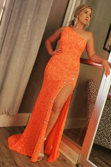 One Shoulder Stars Mermaid Sequins Long Formal Dress with Side Slit