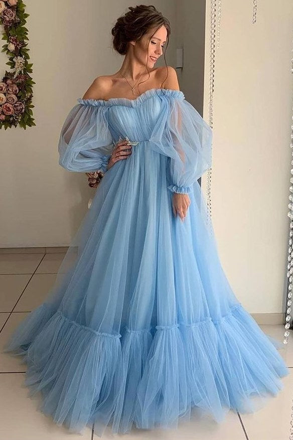 Lavender Off-the-Shoulder A-line Long Tulle Dress