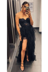 Rust Lace Bustier Tiered Long Prom Dress with Slit