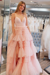 Black Tulle Multi-Tiered V-Neck Long Prom Dress