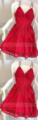 Red lace v neck short prom dress, homecoming dress