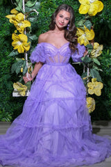 Light Blue Sheer Corset Ruffles A-Line Prom Dress with Puff Sleeves