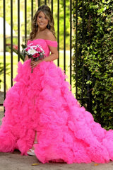 Lavender Tulle Off-the-Shoulder Long Prom Dress with Ruffles