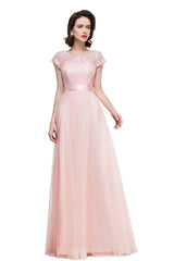 Classic A-line Cap Sleeves Bateau Lace & Tulle Floor-length Bridesmaid Dresses