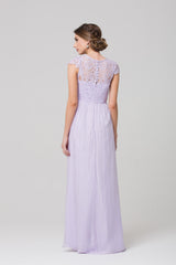 A-Line Cap Sleeves Bateau Neckline Lace Chiffon Floor-length Bridesmaid Dresses