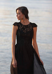 A-Line Cap Sleeves Bateau Neckline Lace Chiffon Floor-length Bridesmaid Dresses