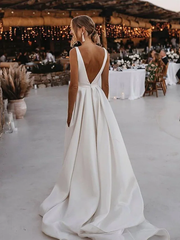 A-Line Wedding Dresses V Neck Court Train Satin Sleeveless Simple Sexy with Sashes  Ribbons Split Front