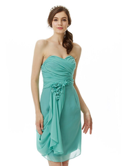 Sweetheart Neckline  Strapless Knee Length Chiffon Bridesmaid Dress with Criss Cross  Side Draping  Flower
