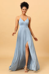 Dusty Blue A-Line Long Chiffon Bridesmaid Dress with Slit