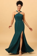 Green Mermaid Chiffon Bridesmaid Dress with Slit