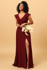Chiffon Burgundy Bridesmaid Dress with Slit