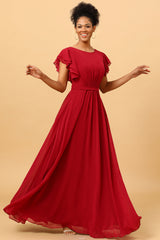 Chiffon Burgundy Bridesmaid Dress with Ruffles Sleeves