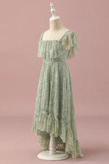 Green Lace Square Neck High Low Junior Bridesmaid Dress