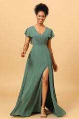 Chiffon A-line Green Bridesmaid Dress with Slit