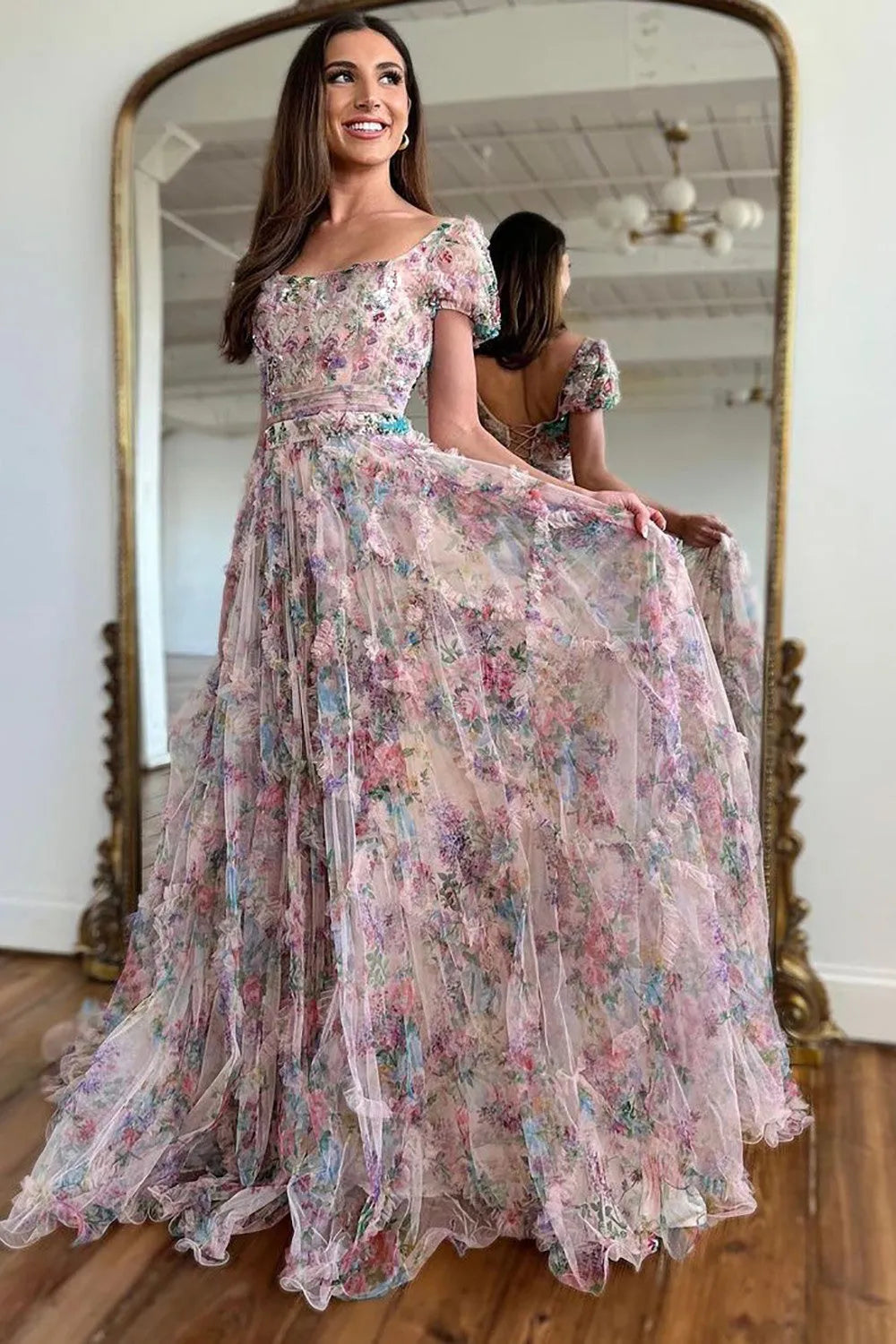 Aimishang Prom Dress A-Line Square Neck Cap Sleeves Print Tulle