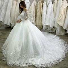 Princess Long Sleeves Off the Shoulder Lace Ball Gown Wedding Dresses