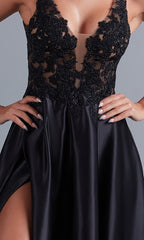 PromGirl Lace-Bodice Long Black A-Line Prom Dress