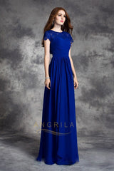 Scoop Neck Chiffon Long Bridesmai Dress with Short Sleeves