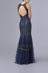 Trumpet/Mermaid Scoop Neck Lace Mermaid Prom Dress with Beading
