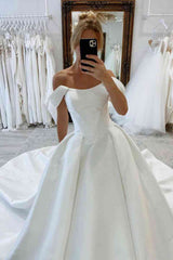 Elegant Satin Off-Shoulder A-Line Long Princess Wedding Dress