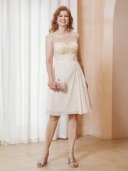 Illusion Neckline Ruffle Knee-Length Dress Champagne