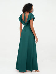 A-line V-neck Chiffon Dresses with Pockets-Peacock