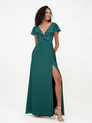 A-line V-neck Chiffon Dresses with Pockets-Peacock