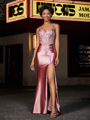 Corset Bodice Lace Up Back Mermaid Satin Gown Dusty Rose