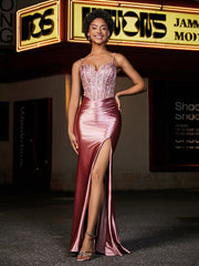 Corset Bodice Lace Up Back Mermaid Satin Gown Dusty Rose