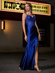 Corset Bodice Lace Up Back Mermaid Satin Gown Royal Blue