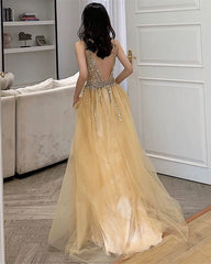 Pale Yellow Prom Dresses Tulle V Neck Sequin Beaded