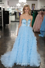 Pale Blue Beading Strapless With Bowknot Ruffles Tulle Tiered A-line Prom Dresses, CP1122