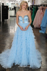 Pale Blue Beading Strapless With Bowknot Ruffles Tulle Tiered A-line Prom Dresses, CP1122