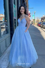 Pale Blue Glitter Tulle Spaghetti Strap A-line Prom Dresses For Teens, CP0824