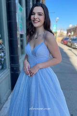 Pale Blue Glitter Tulle Spaghetti Strap A-line Prom Dresses For Teens, CP0824