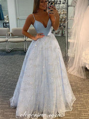 Pale Blue Glitter Tulle Spaghetti Strap Prom Dresses For Teens, CP0813