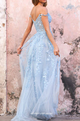 Pale Blue Off The Shoulder Lace Applique Prom Dresses, CP0809